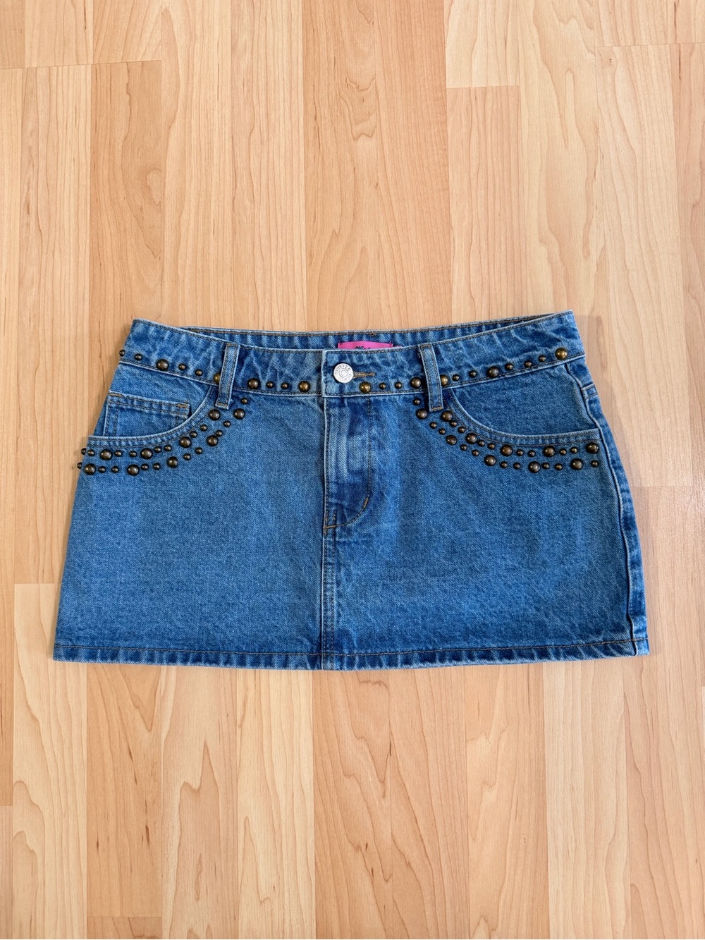 Edikted Blue Denim Mini Skirt with Stud Accents